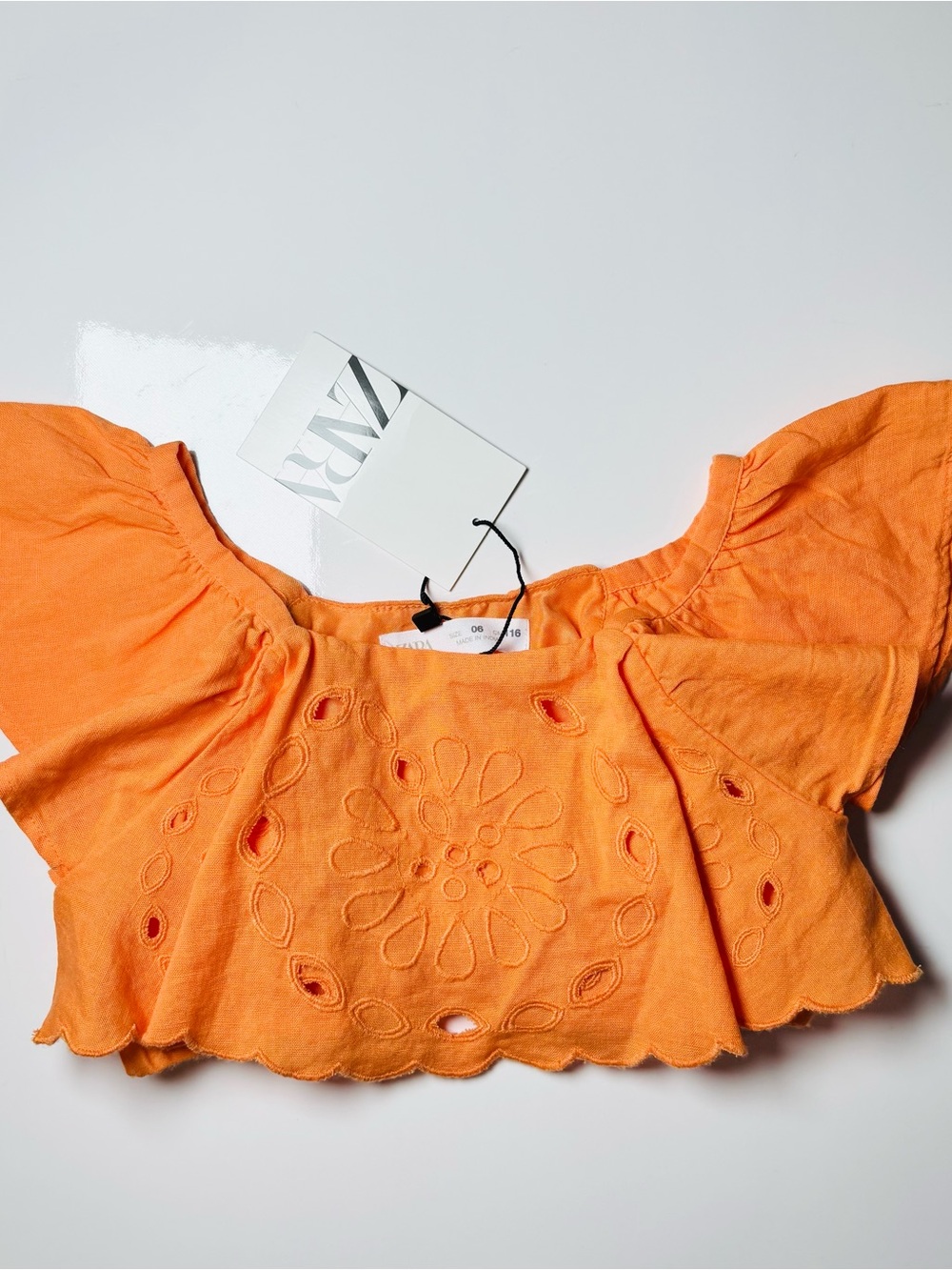 NWT Zara Kids Tangerine Orange Eyelet Lace Ruffle Cropped Top Blouse 6Y Summer